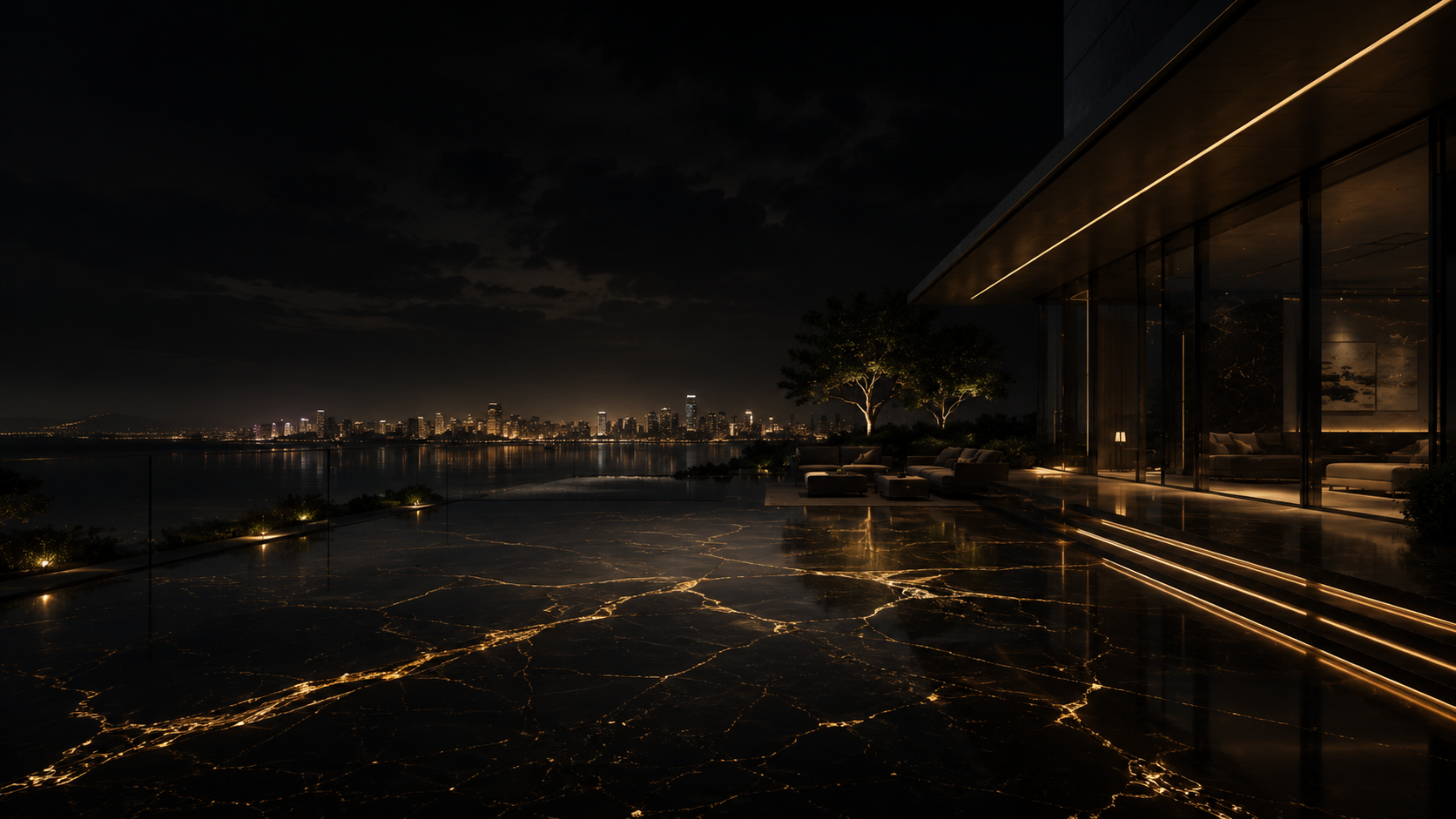 Luxury glass pavilion overlooking a cinematic city skyline at night with gold accents